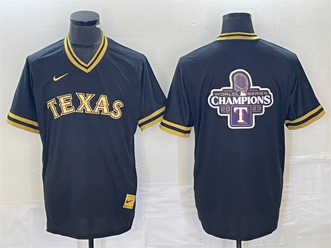 Men's Texas Rangers Black 2023 World Series Champions Big Logo Cool Base Stitched Baseball Jersey Men's Texas Rangers Black 2023 World Series Champions Big Logo Cool Base Stitched Baseball Jersey